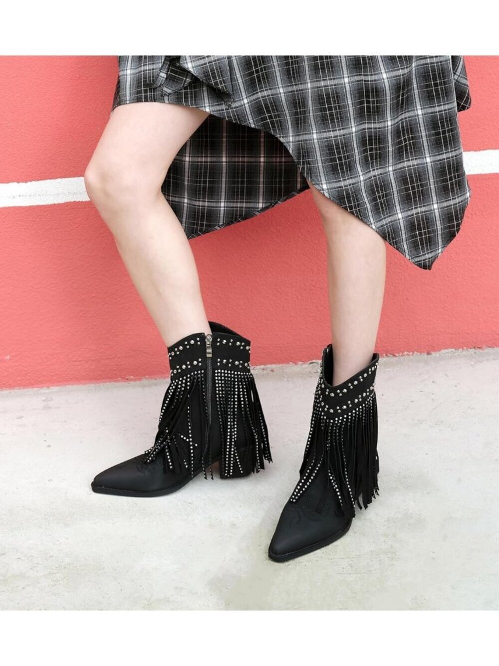 Women’s Black Boots Rhinestone Studded Western Fringe Ankle Boot Block Heel
